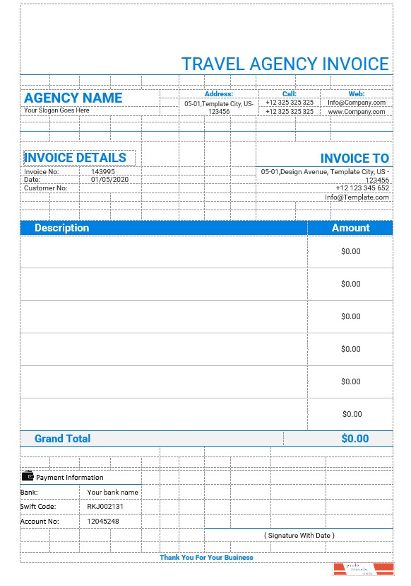Editable Travel Agency Invoice Template PSD template
